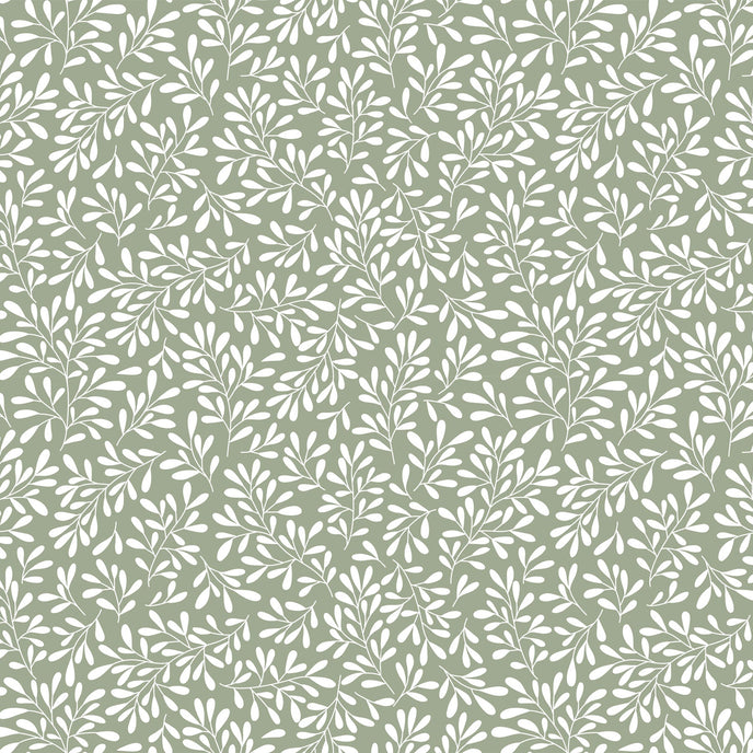 Sage green botanical wallpaper with a seamless repeat, featuring white leafy sprigs in a simple, elegant pattern.