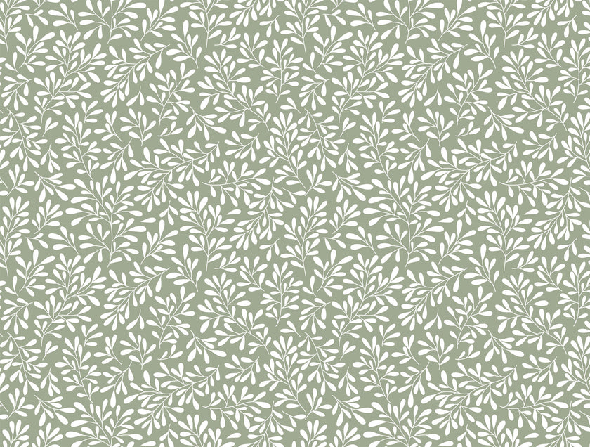 Sage green botanical wallpaper with a seamless repeat, featuring white leafy sprigs in a simple, elegant pattern.