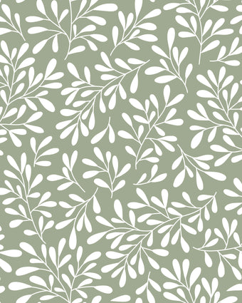 Sage green botanical wallpaper with a seamless repeat, featuring white leafy sprigs in a simple, elegant pattern.