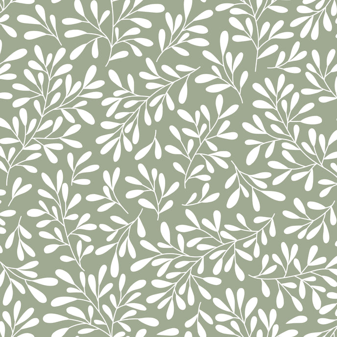 Sage green botanical wallpaper with a seamless repeat, featuring white leafy sprigs in a simple, elegant pattern.