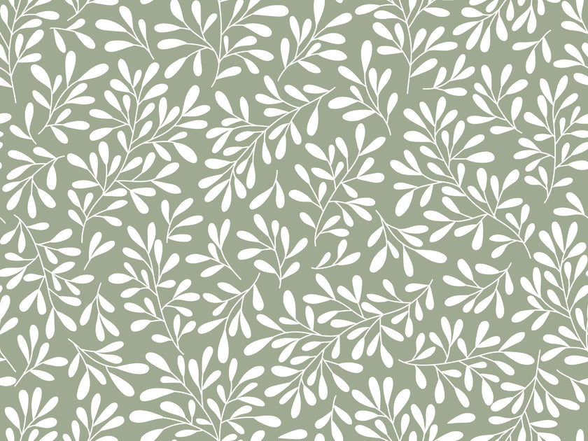 Sage green botanical wallpaper with a seamless repeat, featuring white leafy sprigs in a simple, elegant pattern.