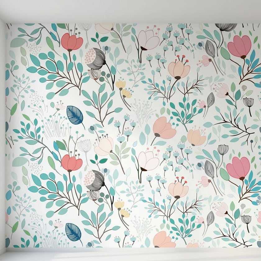 Close-up of SASI Floral mural showcasing vibrant pink, green, and multicoloured floral patterns on textured wall with natural daylight.
