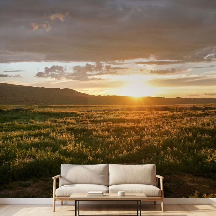 Interior with a seamless mountain sunset mural that fully covers the wall, highlighting detailed textures and vibrant colors.