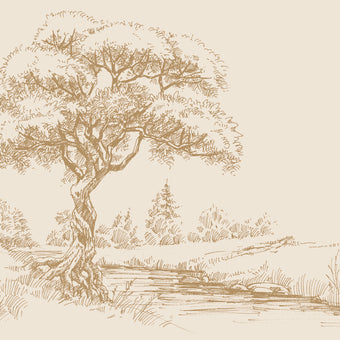 Sepia coloured illustrated mural of a large tree beside a calm river in a peaceful countryside landscape.