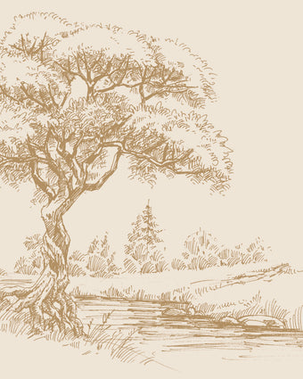 Sepia coloured illustrated mural of a large tree beside a calm river in a peaceful countryside landscape.