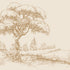Sepia coloured illustrated mural of a large tree beside a calm river in a peaceful countryside landscape.