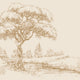 Sepia coloured illustrated mural of a large tree beside a calm river in a peaceful countryside landscape.