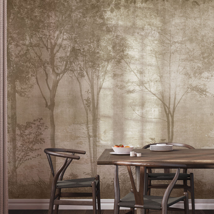 Sepia Foggy Forest mural featuring softly layered woodland trees and foliage in warm taupe and sepia tones, creating a misty, atmospheric forest scene with a vintage textured finish. On a wall in a dinning room with dark walnut wood furniture. 
