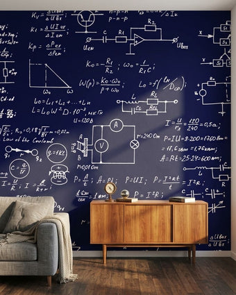 Close-up of navy blue 'Show your Working' wall mural with scientific pattern in a modern living room.