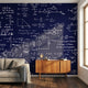 Close-up of navy blue 'Show your Working' wall mural with scientific pattern in a modern living room.