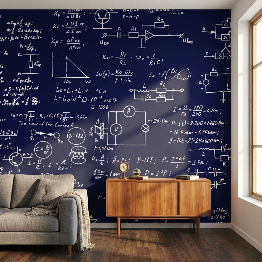 Close-up of navy blue 'Show your Working' wall mural with scientific pattern in a modern living room.
