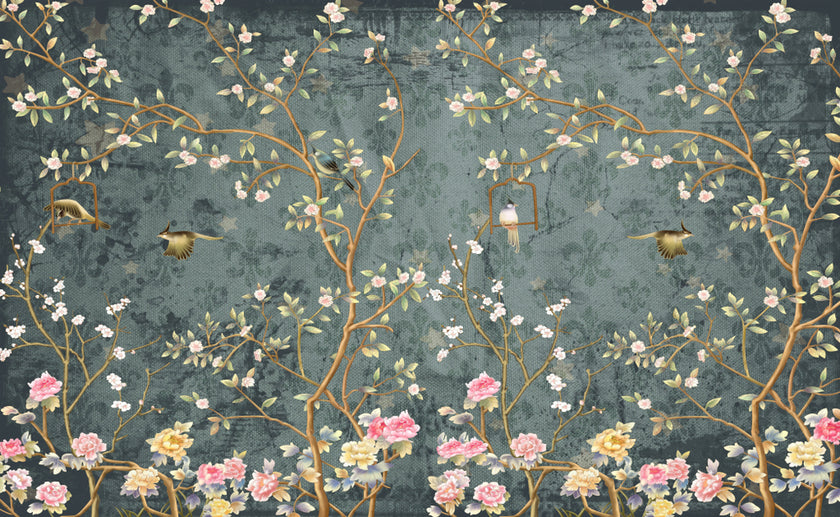 Chinoiseries Garden  - Navy -  [Custom printed at R560/m²]