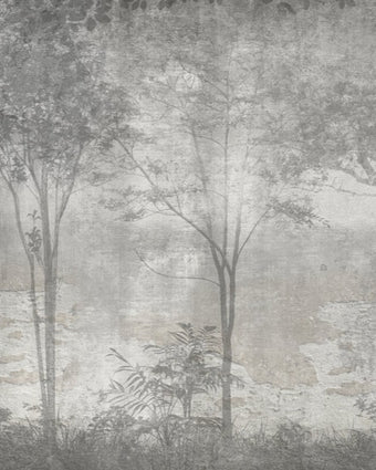 Nature-inspired forest mural featuring misty woodland trees in soft grey tones, creating a calm and atmospheric backdrop for contemporary interiors.