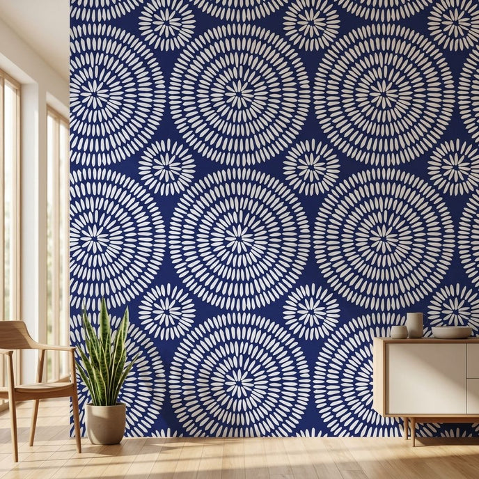 African-inspired Shweshwe Chic mural with seamless geometric pattern in navy and blue hues on a modern living room wall.