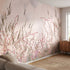Side view of a textured pink floral mural in a stylish living room, with soft ambient lighting emphasizing surface details.
