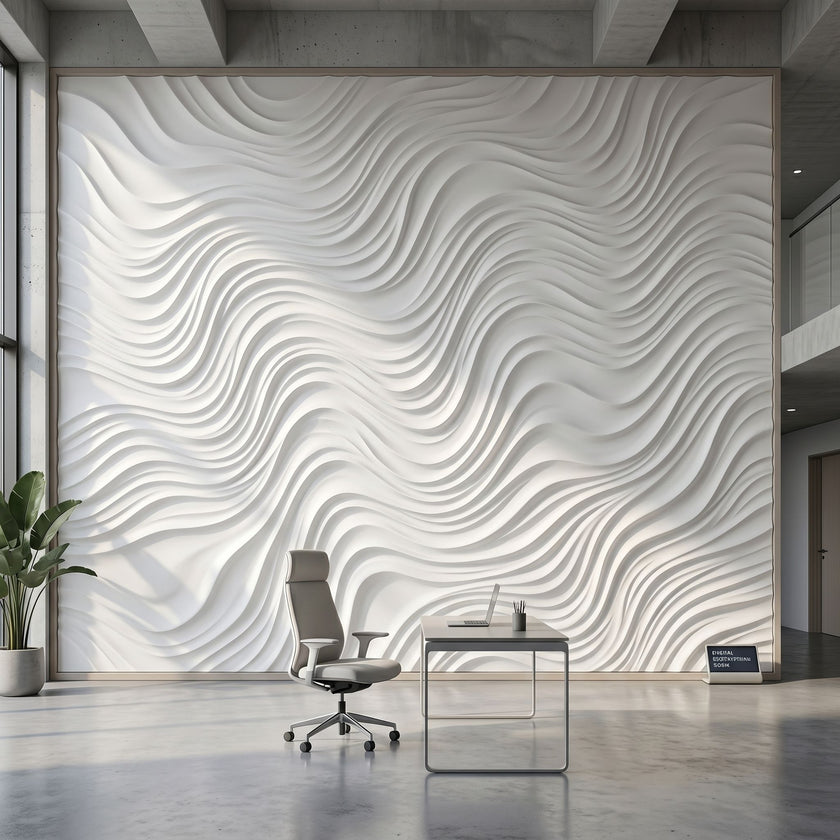 Wide-angle view of a wall mural with a grey and white geometric pattern filling an expansive space with natural lighting.
