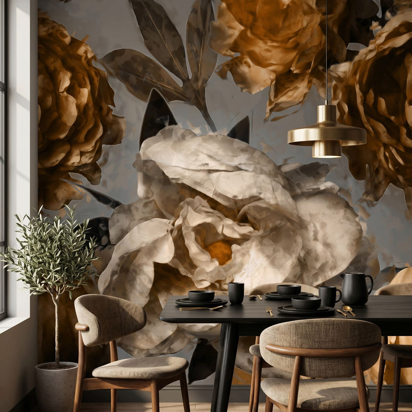 Portrait of the mural in a stylish dining space highlighting black and gold floral motifs.