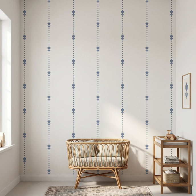 High-resolution tulip pattern mural filling a large wall in a stylish interior, emphasizing vibrant colors and seamless design.