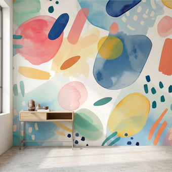 Stylish living space featuring a continuous multicoloured teal watercolour mural.