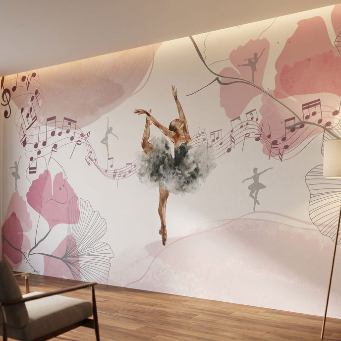 Tilted angle of Arabesque Pirouette mural emphasizing textured pink floral ballet design in a stylish contemporary setting.