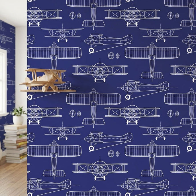 Close-up of the Taking Off - Blue mural with intricate seamless pattern in navy and blue, displayed on a matte wall with soft natural light.