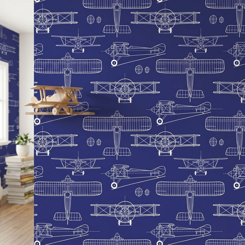 Close-up of the Taking Off - Blue mural with intricate seamless pattern in navy and blue, displayed on a matte wall with soft natural light.