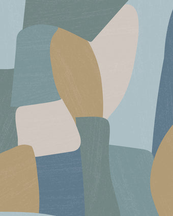 Shades of blues, yellow in abstract shapes with a paint brush texture.