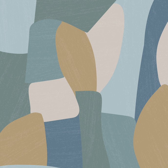 Shades of blues, yellow in abstract shapes with a paint brush texture.