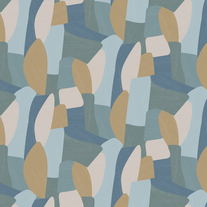 Shades of blues, yellow in abstract shapes with a paint brush texture.