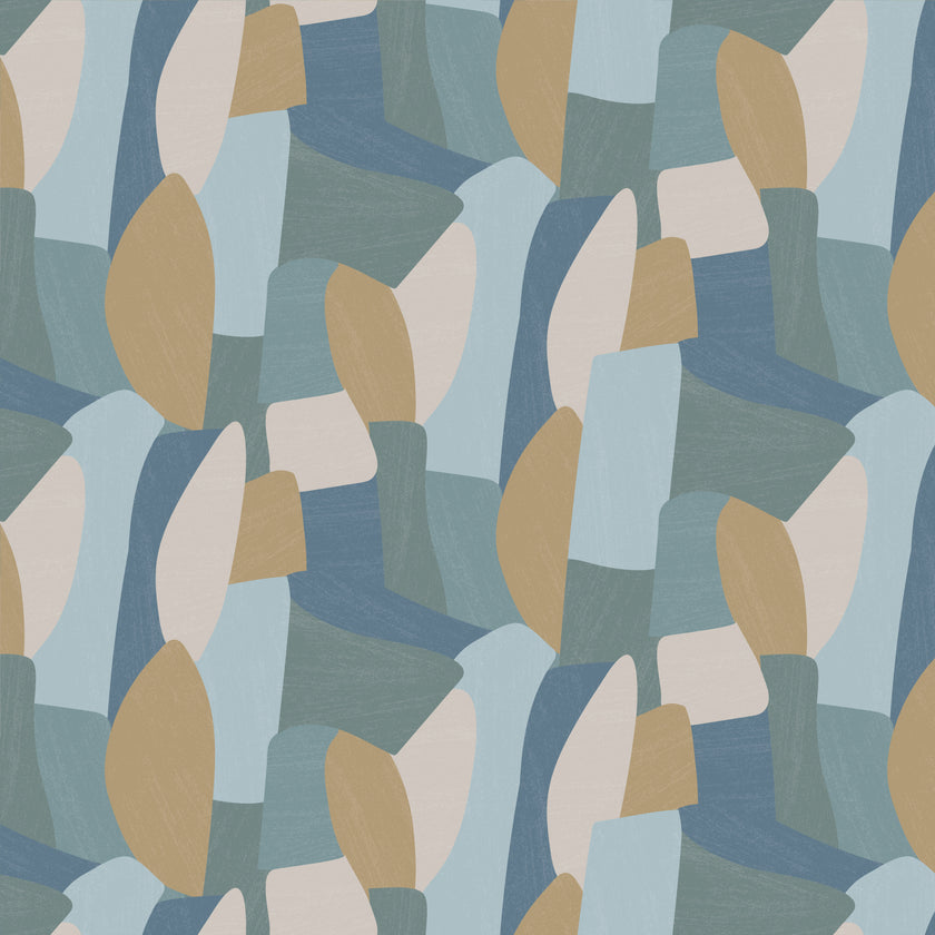 Shades of blues, yellow in abstract shapes with a paint brush texture.