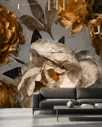 Close-up of the Timeless mural with floral patterns in a modern living room with natural lighting.