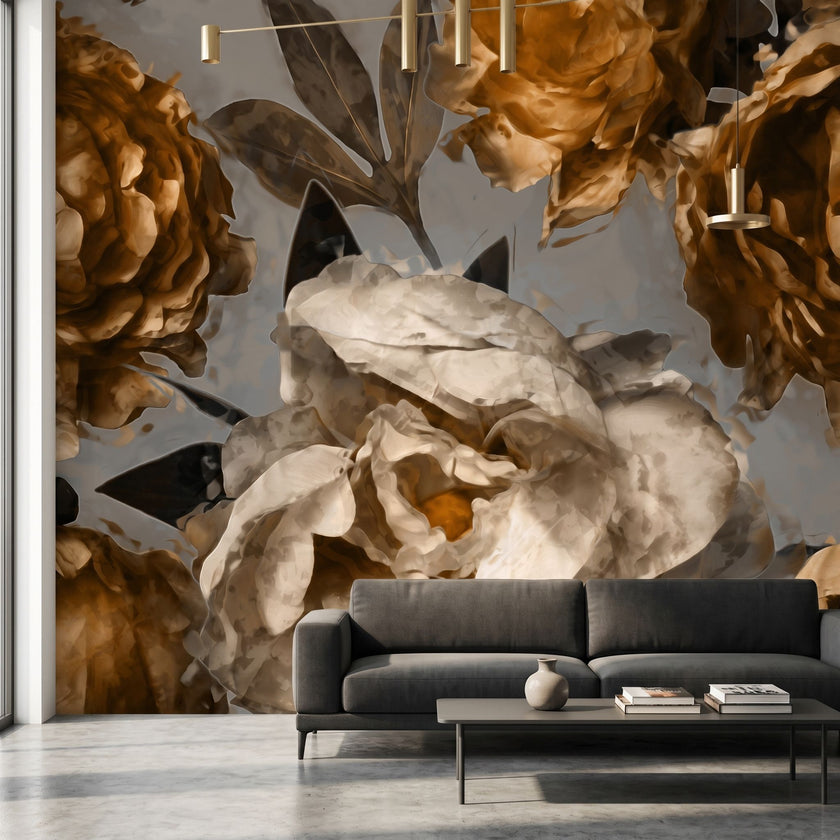 Close-up of the Timeless mural with floral patterns in a modern living room with natural lighting.
