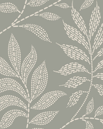Sage grey botanical wallpaper with a seamless repeat, featuring ivory hand-drawn leaves and flowing stems with delicate dotted detailing.