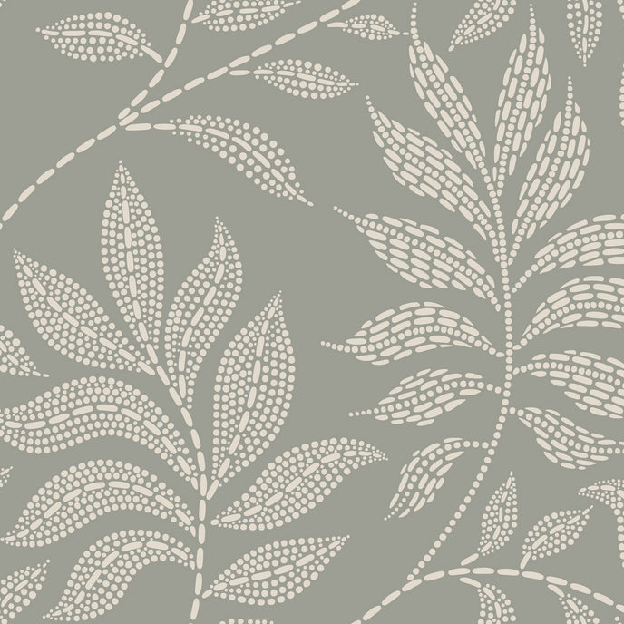 Sage grey botanical wallpaper with a seamless repeat, featuring ivory hand-drawn leaves and flowing stems with delicate dotted detailing.
