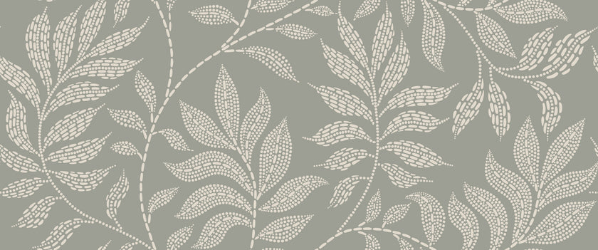 Sage grey botanical wallpaper with a seamless repeat, featuring ivory hand-drawn leaves and flowing stems with delicate dotted detailing.