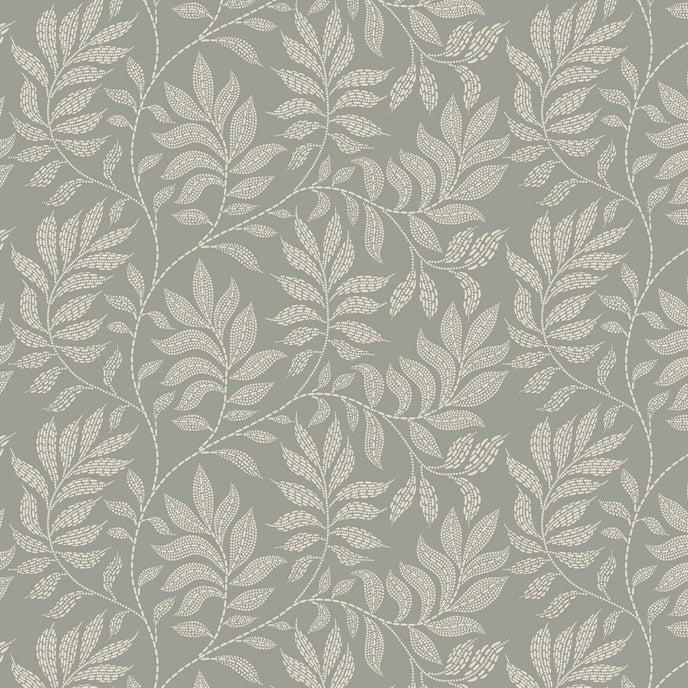 Sage grey botanical wallpaper with a seamless repeat, featuring ivory hand-drawn leaves and flowing stems with delicate dotted detailing.