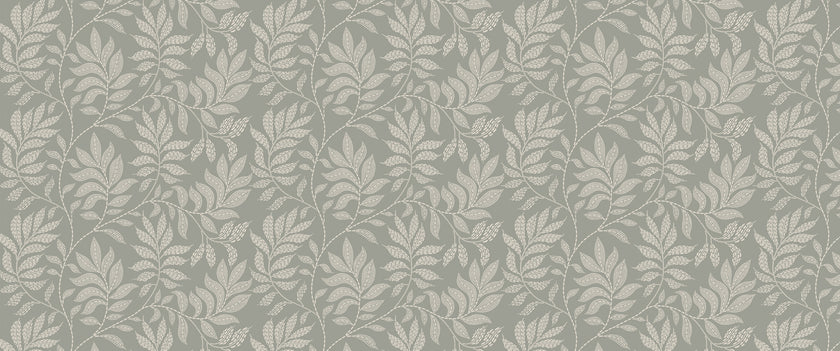 Sage grey botanical wallpaper with a seamless repeat, featuring ivory hand-drawn leaves and flowing stems with delicate dotted detailing.