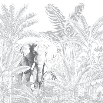 Hand-drawn tropical mural featuring an elephant surrounded by palm trees and dense botanical foliage in soft grey tones.