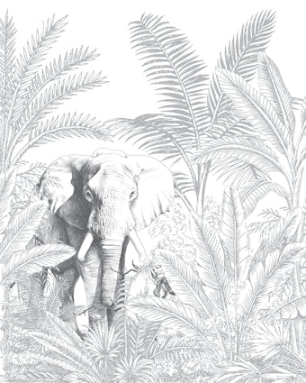 Hand-drawn tropical mural featuring an elephant surrounded by palm trees and dense botanical foliage in soft grey tones.