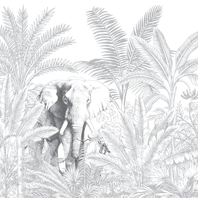 Hand-drawn tropical mural featuring an elephant surrounded by palm trees and dense botanical foliage in soft grey tones.