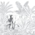Hand-drawn tropical mural featuring an elephant surrounded by palm trees and dense botanical foliage in soft grey tones.