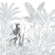 Hand-drawn tropical mural featuring an elephant surrounded by palm trees and dense botanical foliage in soft grey tones.