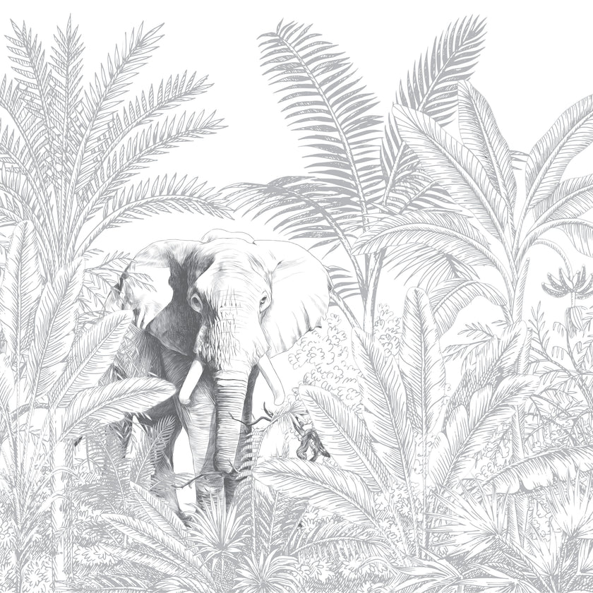 Hand-drawn tropical mural featuring an elephant surrounded by palm trees and dense botanical foliage in soft grey tones.