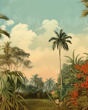 Vintage tropical mural with palm trees, lush green foliage and red orange flowers beneath a soft blue sky.