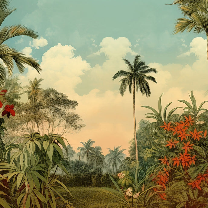 Vintage tropical mural with palm trees, lush green foliage and red orange flowers beneath a soft blue sky.