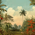 Vintage tropical mural with palm trees, lush green foliage and red orange flowers beneath a soft blue sky.