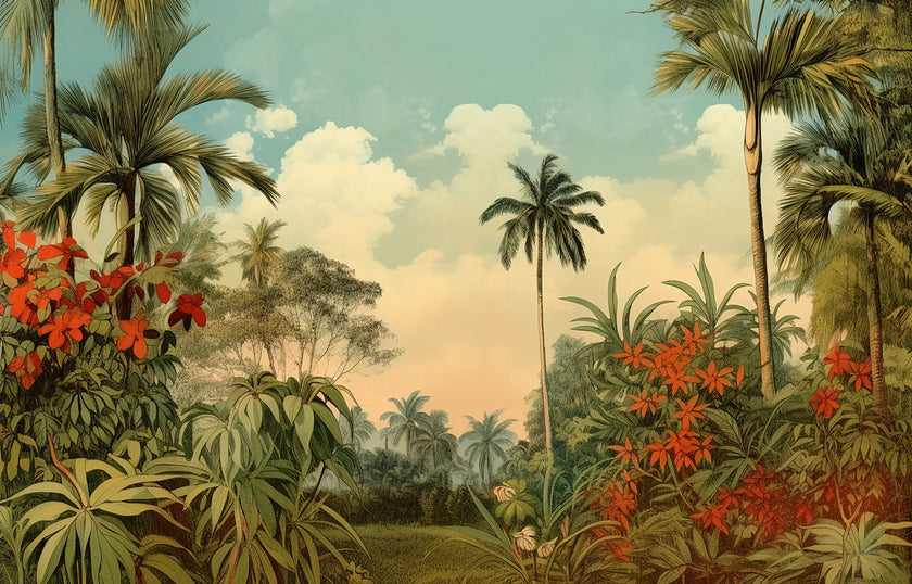 Vintage tropical mural with palm trees, lush green foliage and red orange flowers beneath a soft blue sky.