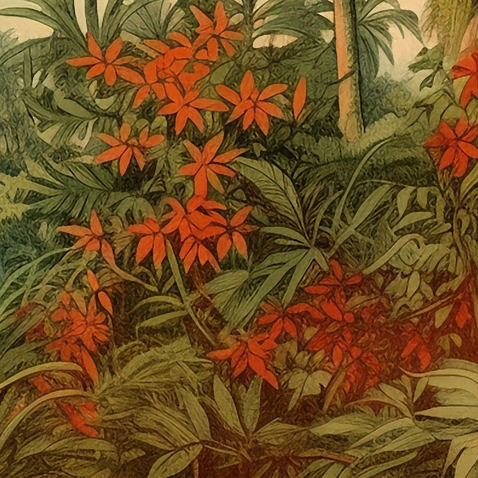 A close up of this vintage tropical mural with palm trees, lush green foliage and red orange flowers beneath a soft blue sky.