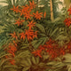 A close up of this vintage tropical mural with palm trees, lush green foliage and red orange flowers beneath a soft blue sky.