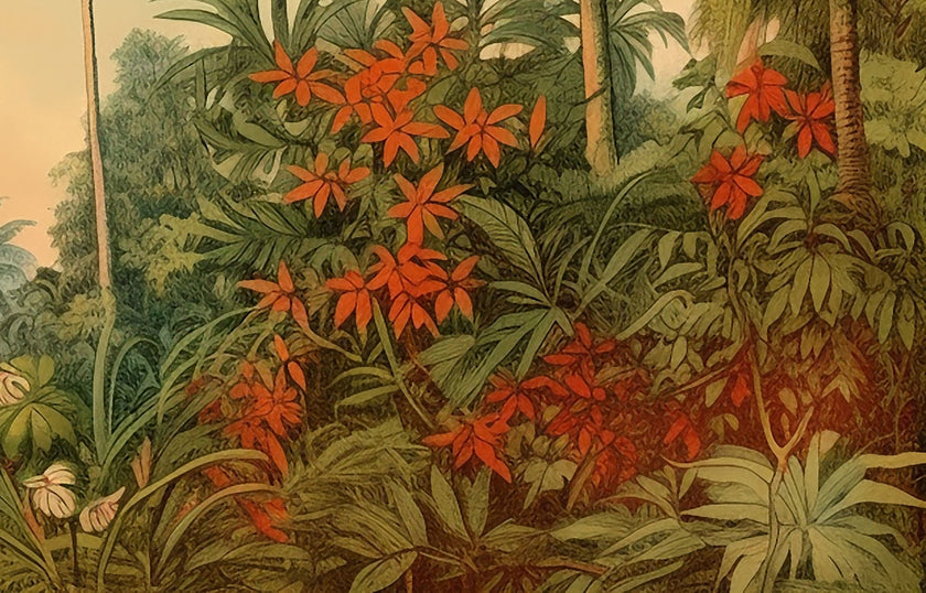 A close up of this vintage tropical mural with palm trees, lush green foliage and red orange flowers beneath a soft blue sky.